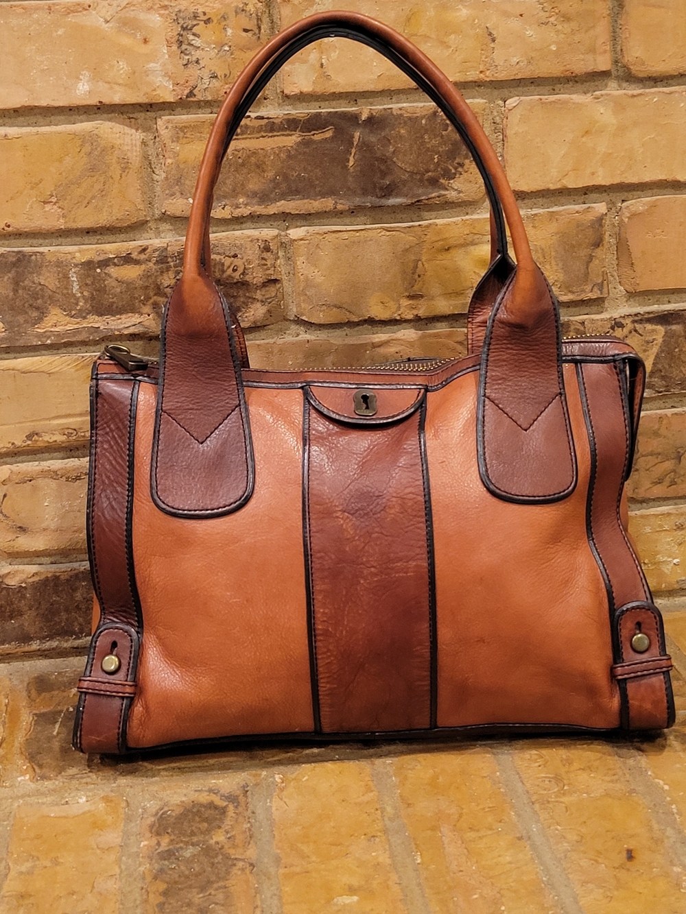 Vintage Fossil Two-Tone Brown Leather Shoulder Tote